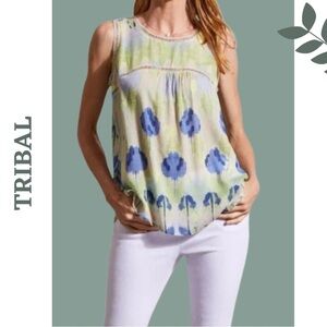 Tribal Blouse Sleeveless Ladder Lace Watercolor Print Blue Green Wild Lime  XS